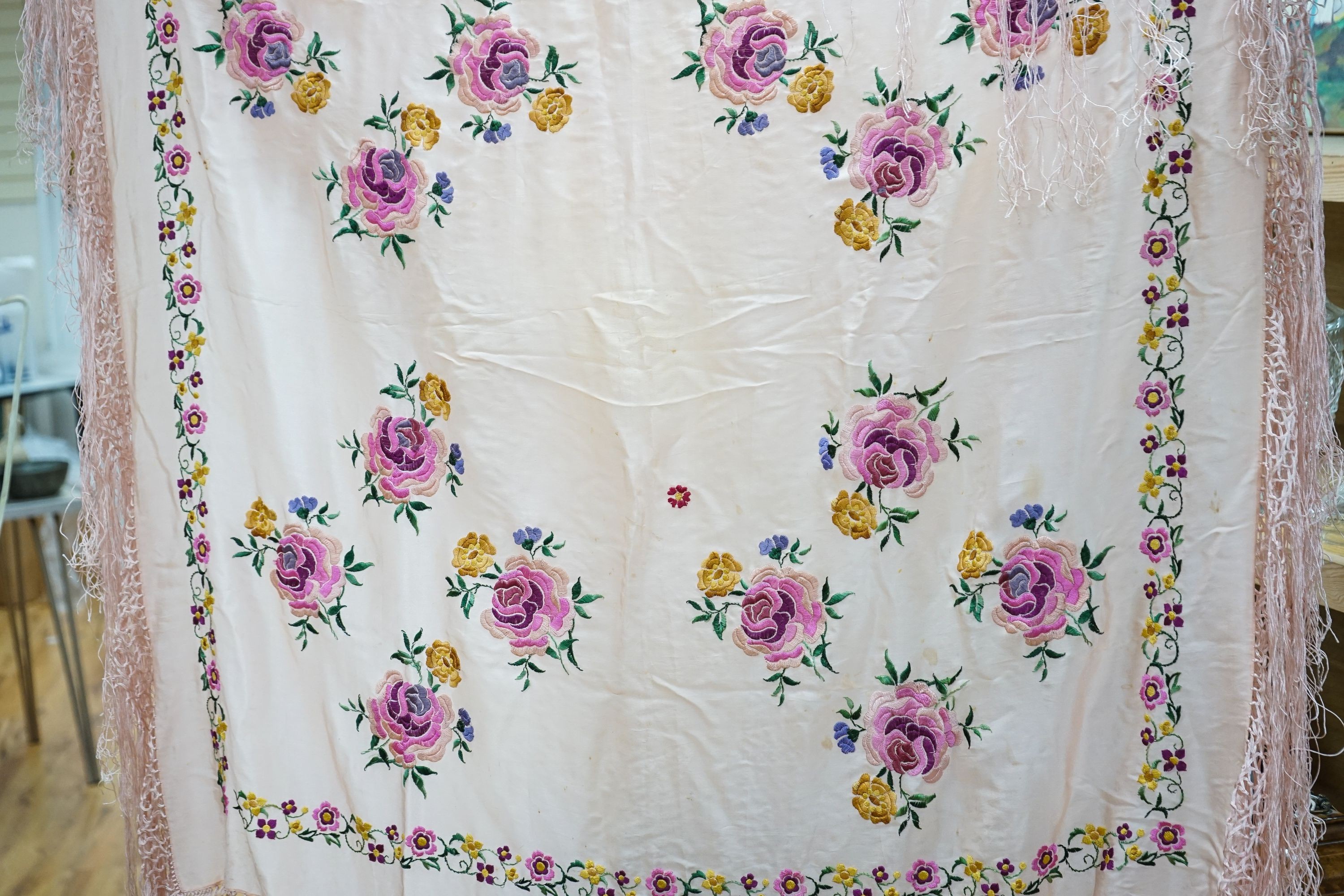 A woven silk ecclesiastical cope vestment and a pink silk shawl (2)